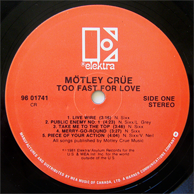 Mötley Crüe, Too Fast For Love, Elektra Records, Canadian Press LP [#3]