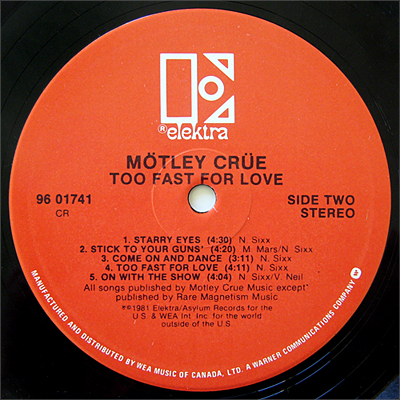 Mötley Crüe, Too Fast For Love, Elektra Records, Canadian Press LP [#3]