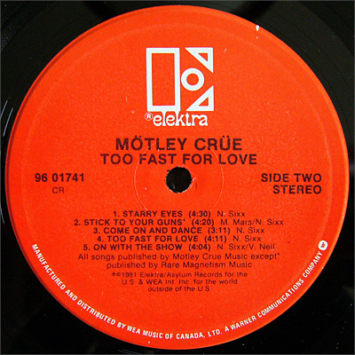 Mötley Crüe, Too Fast For Love, Elektra Records, Canadian Press, Promo LP [#1]