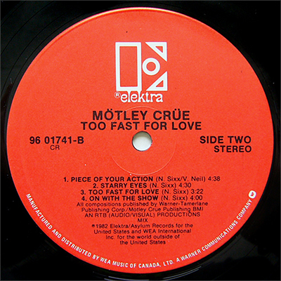 Mötley Crüe, Too Fast For Love, Elektra Records, Canadian Press LP [#4]